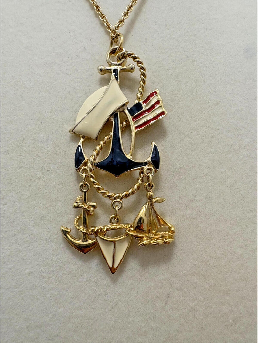 Vintage Nautical Gold Tone & Enamel Sailor Flag Boat Anchor Pendant Necklace 24"